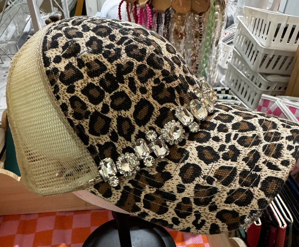 Leopard Print with Large Rhinestone Hat Chain