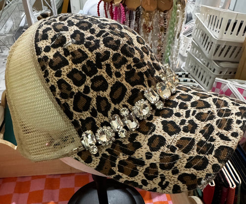 Leopard Print with Large Rhinestone Hat Chain