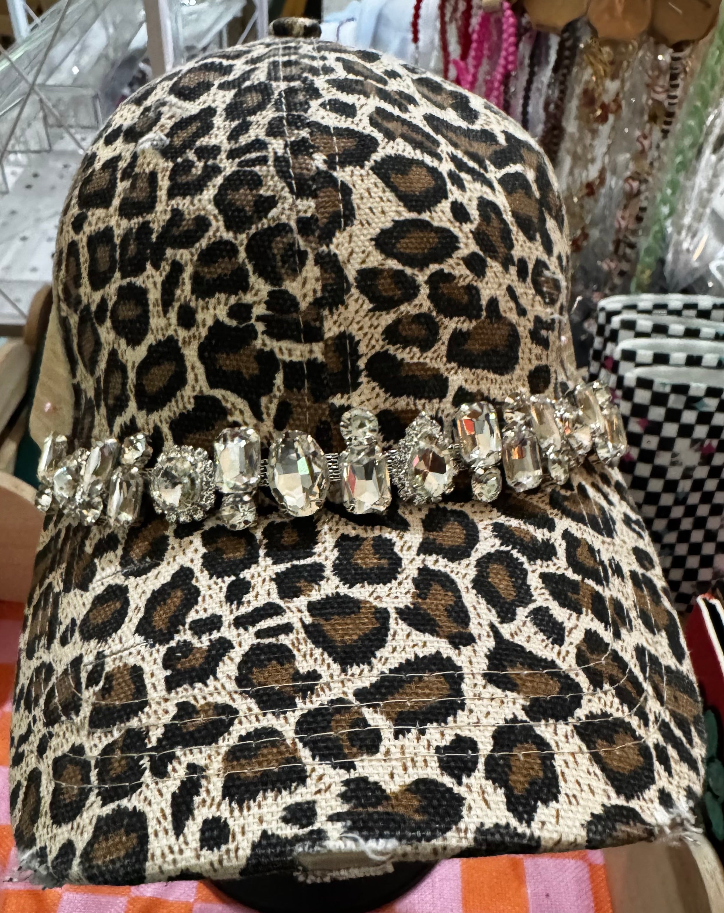 Leopard Print with Large Rhinestone Hat Chain